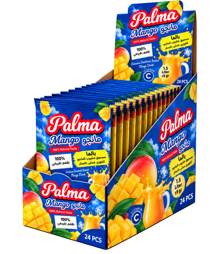 Palma Mango 9 g instant powdered drink sachets in a display box
