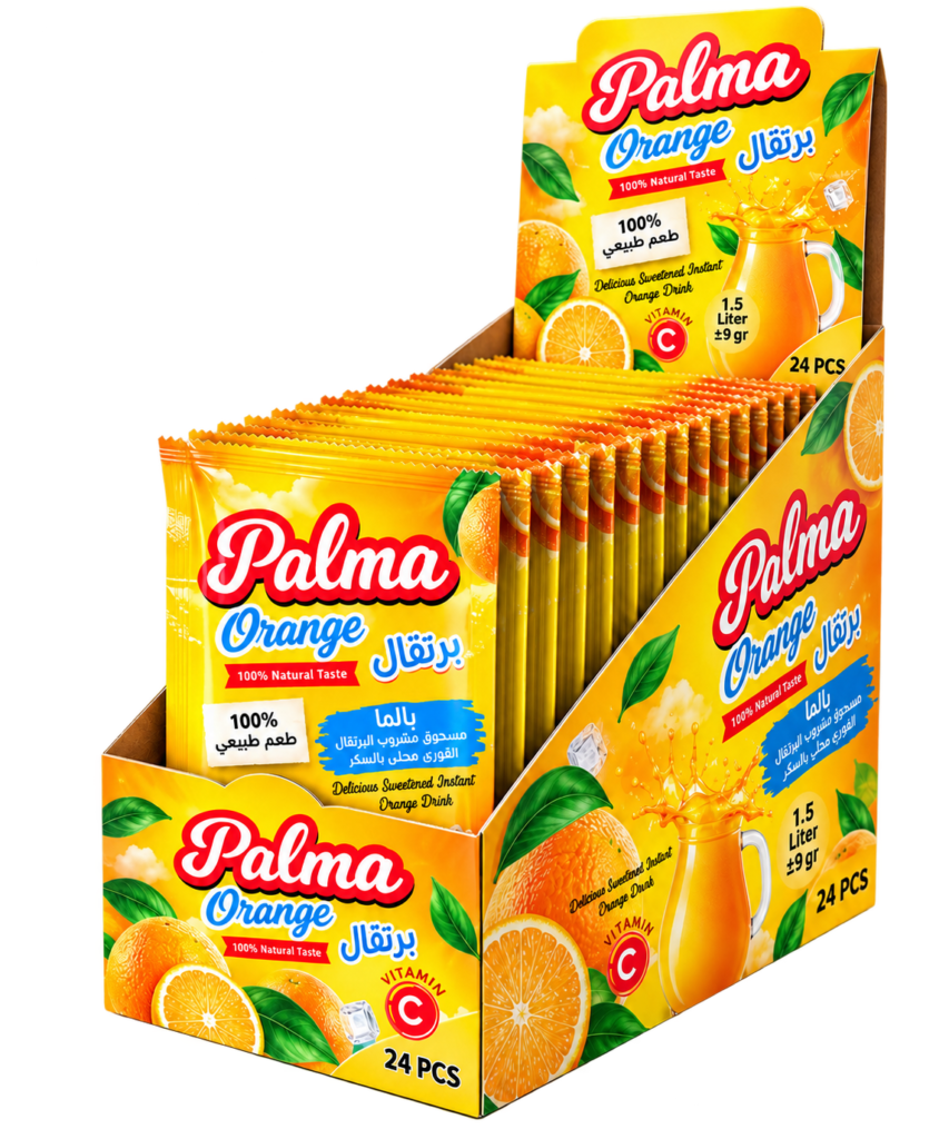 Palma Orange 9 g instant powdered drink sachets in a display box